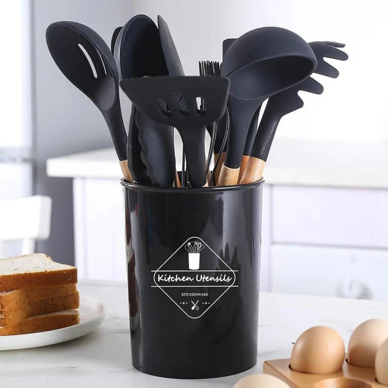 KIT de Utensílios Para Cozinha em Silicone e Bambu 12 Peças