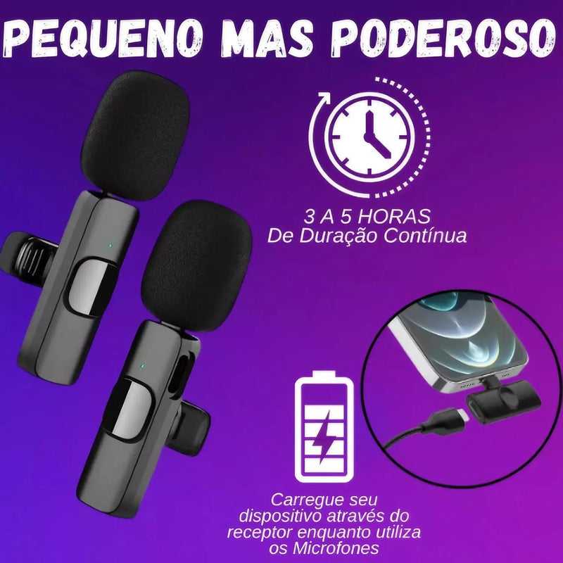 Kit 2 Microfone de Lapela Wireless Um Receptor Tipo C, Para iPhone, iPad, Lig