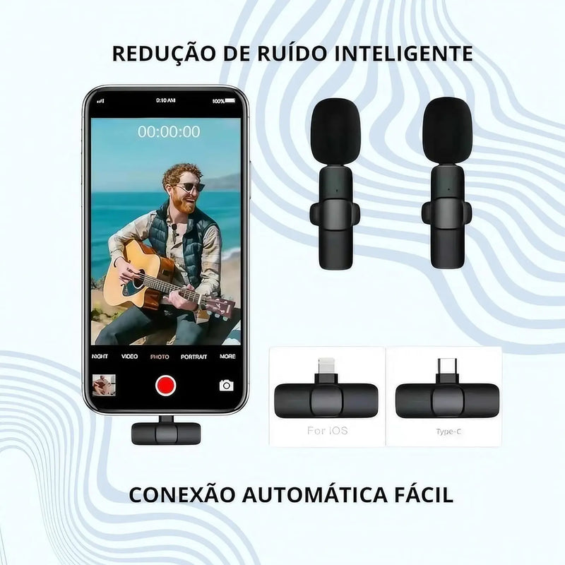 Kit 2 Microfone de Lapela Wireless Um Receptor Tipo C, Para iPhone, iPad, Lig